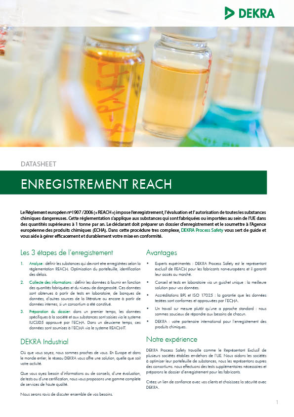 DEKRA Process Safety Datasheet Enregistrement REACH Couverture